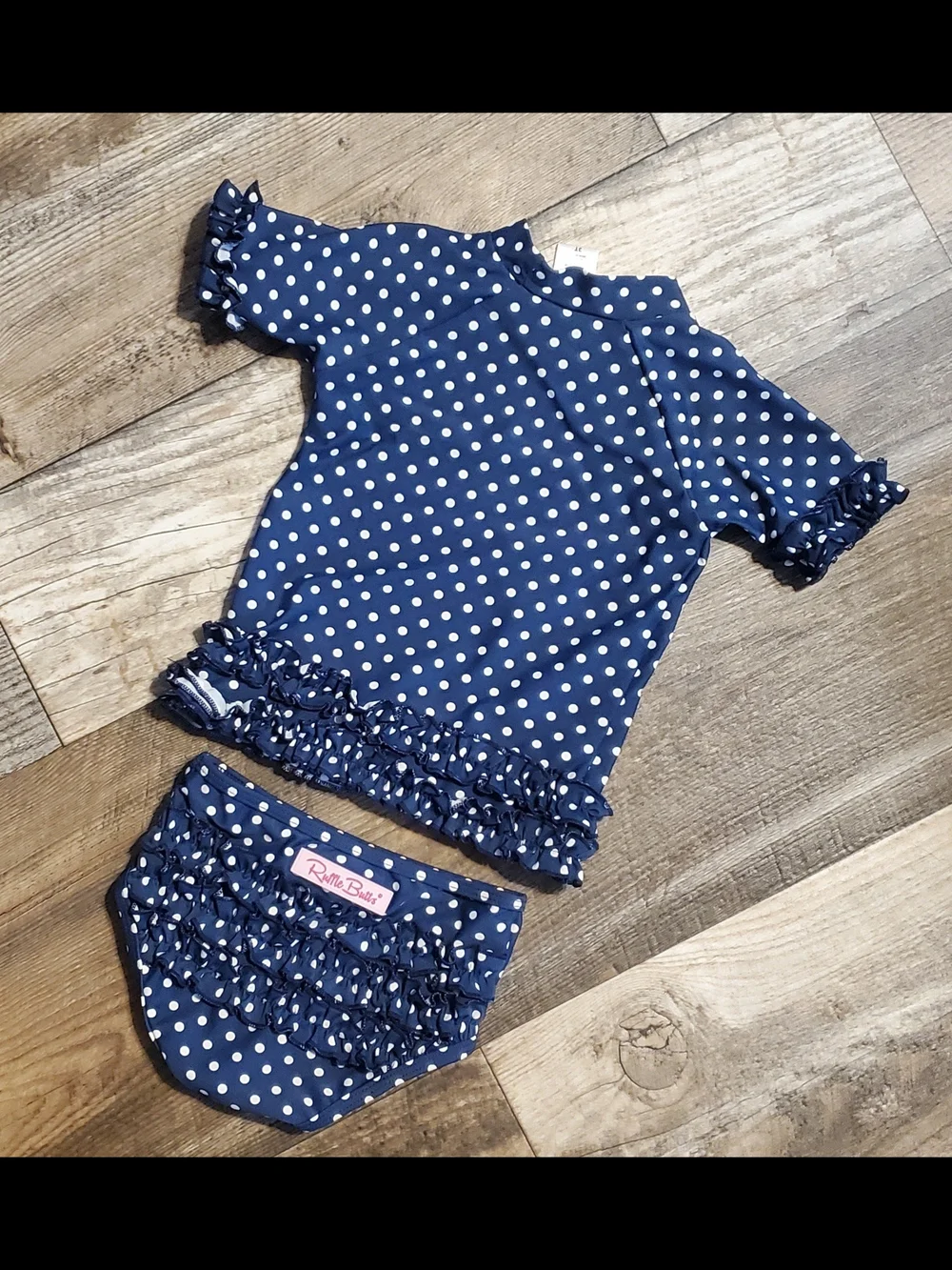 Ruffle Butts Navy Blue & White Polka Dot Rash Guard Set 3T